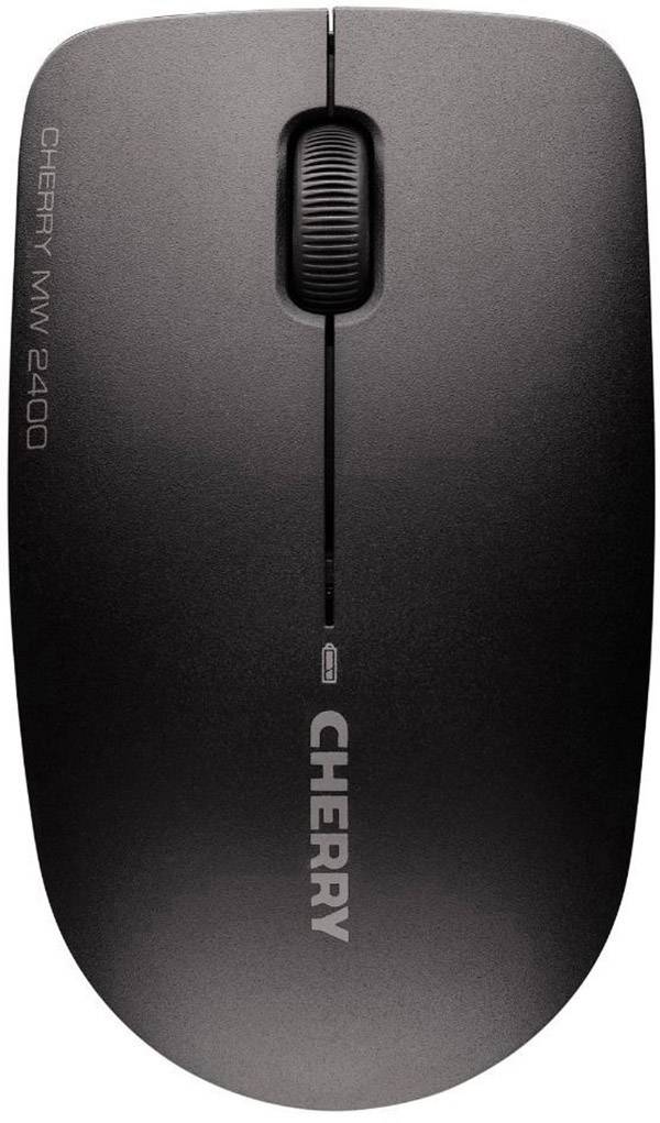 Schwarze Computermaus der Marke Cherry mit Mausrad in der Mitte und Modellnummer 'MW 2400' auf der linken Seite.