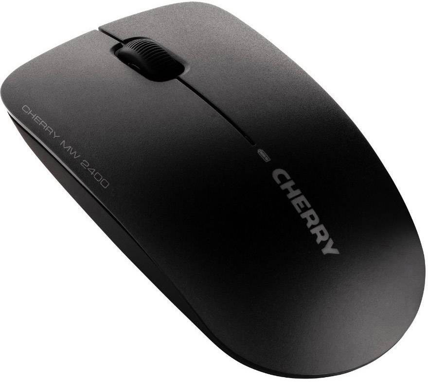 Schwarze kabellose Maus von Cherry, Modell MW 2400, mit Scrollrad und zwei Tasten.