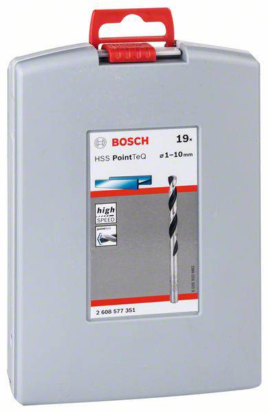 Grauer Kunststoffkoffer von Bosch mit bohrer Set 'HSS PointTeQ', Größen 1-10 mm, hohe Geschwindigkeit, Artikelnummer: 2 608 577 351.
