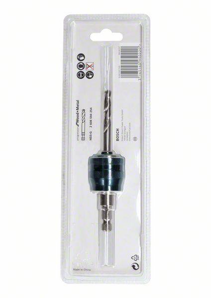 Ein Bohrfutter mit einem eingesetzten Bohrer wird in einer durchsichtigen Plastikverpackung gezeigt.