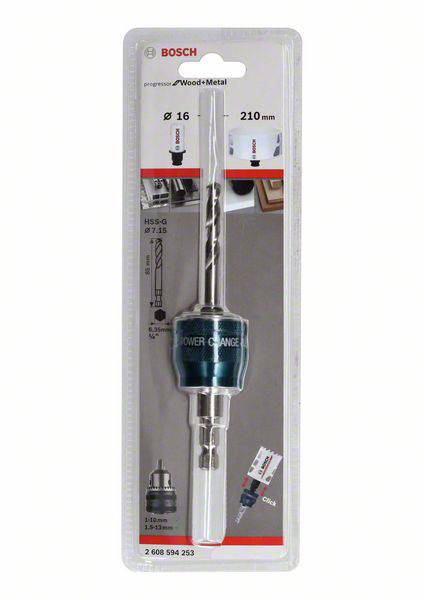 Bohrer-Set-Verpackung von Bosch, geeignet für Holz und Metall, zeigt Größe 16 mm, Länge 210 mm. Enthält Bohrer und Halterung.