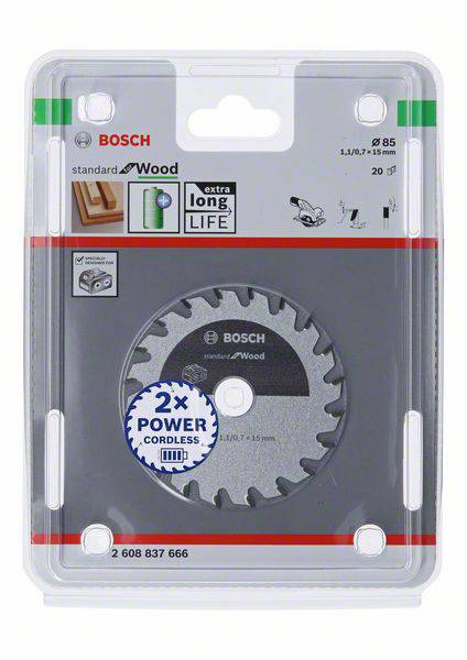 Verpackung für Bosch Kreissägeblatt, geeignet für Holz. 'Standard for Wood', Durchmesser 85 mm, längere Lebensdauer, 20 Zähne.