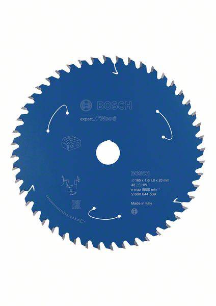Ein blaues Sägeblatt von BOSCH für Holz, Modell Expert. Es zeigt Pfeile für Drehrichtung und enthält technische Spezifikationen.