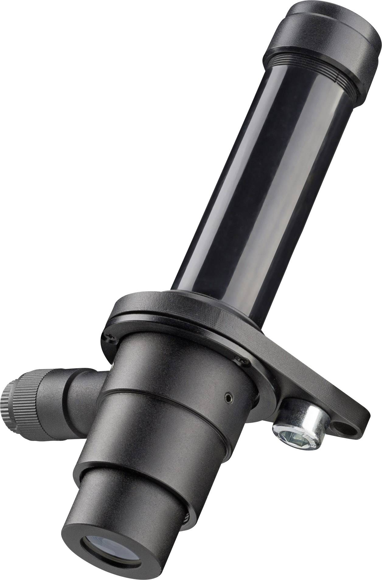 Ein schwarzes Rohr mit mehreren Zylindern und einstellbarem Linsenbereich, ähnlich einem Mikroskop-Teil oder einer Kameraoptik.