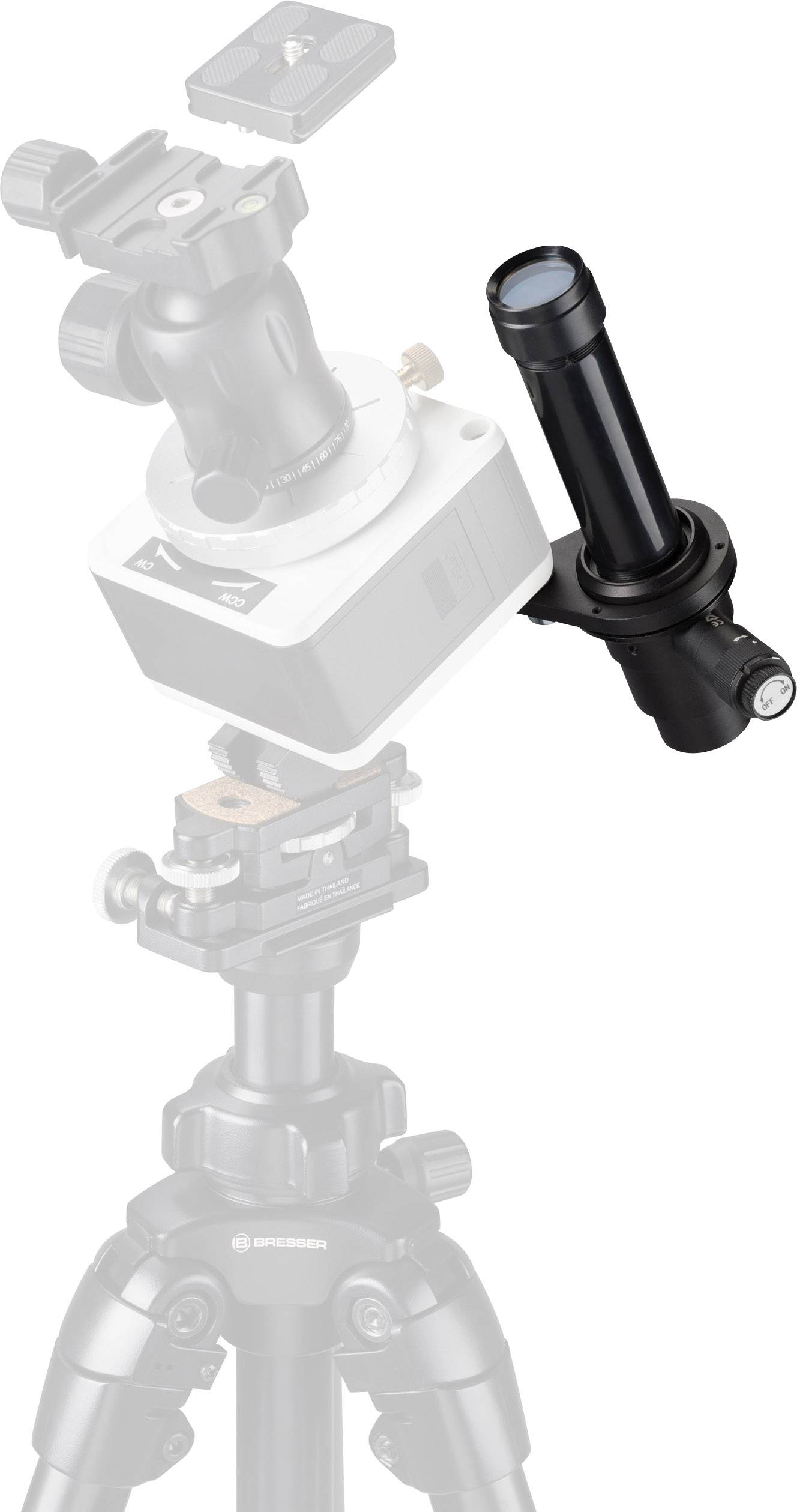 Teleskop-Okular und Kamera-Adapter auf einem Stativ. Zubehör für astronomische Fotografie.