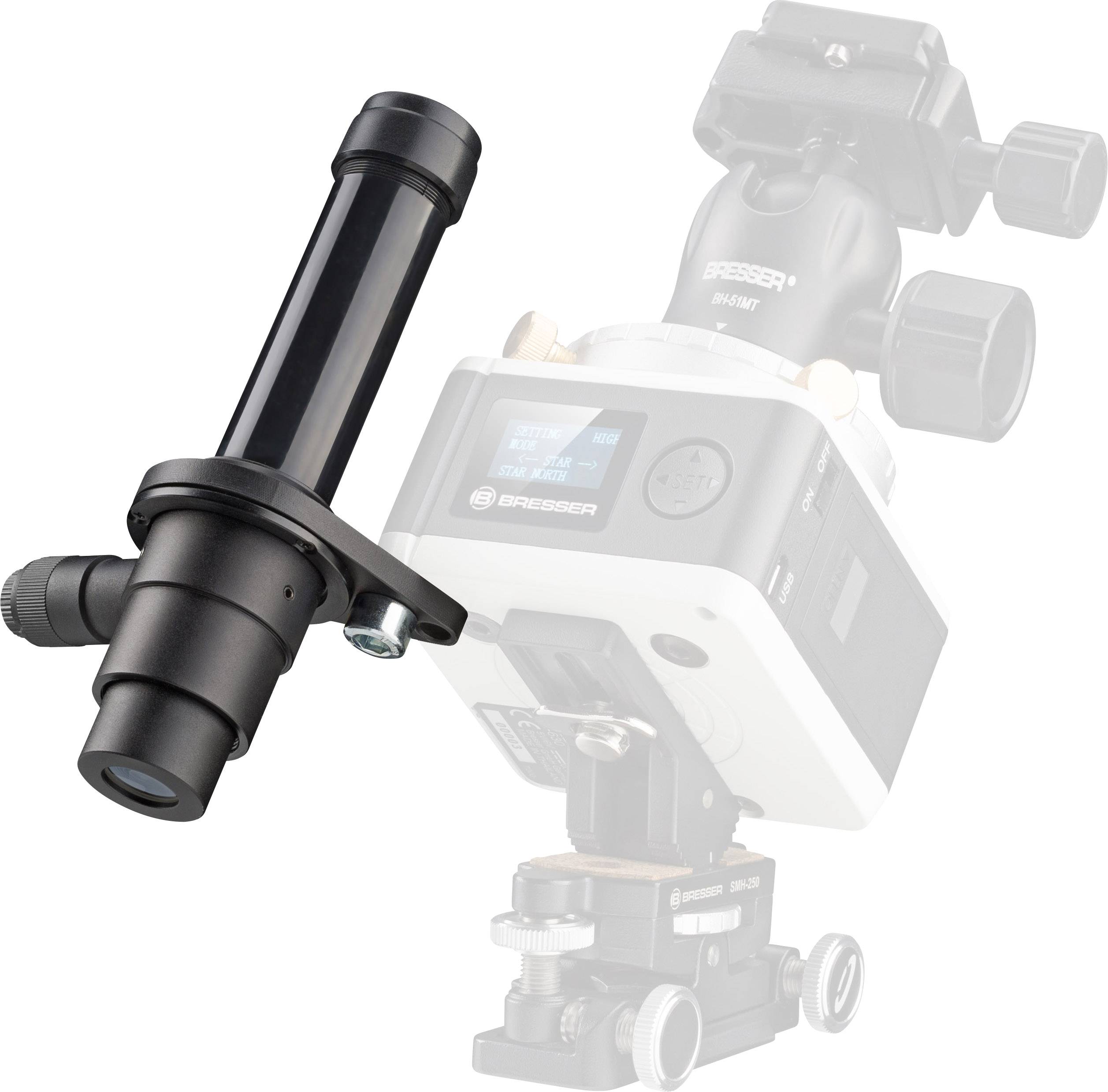 Ein Teleskop mit Sucherfernrohr zeigt ein Setup zur präzisen Himmelsbeobachtung. Das Sucherfernrohr ist links prominent sichtbar.