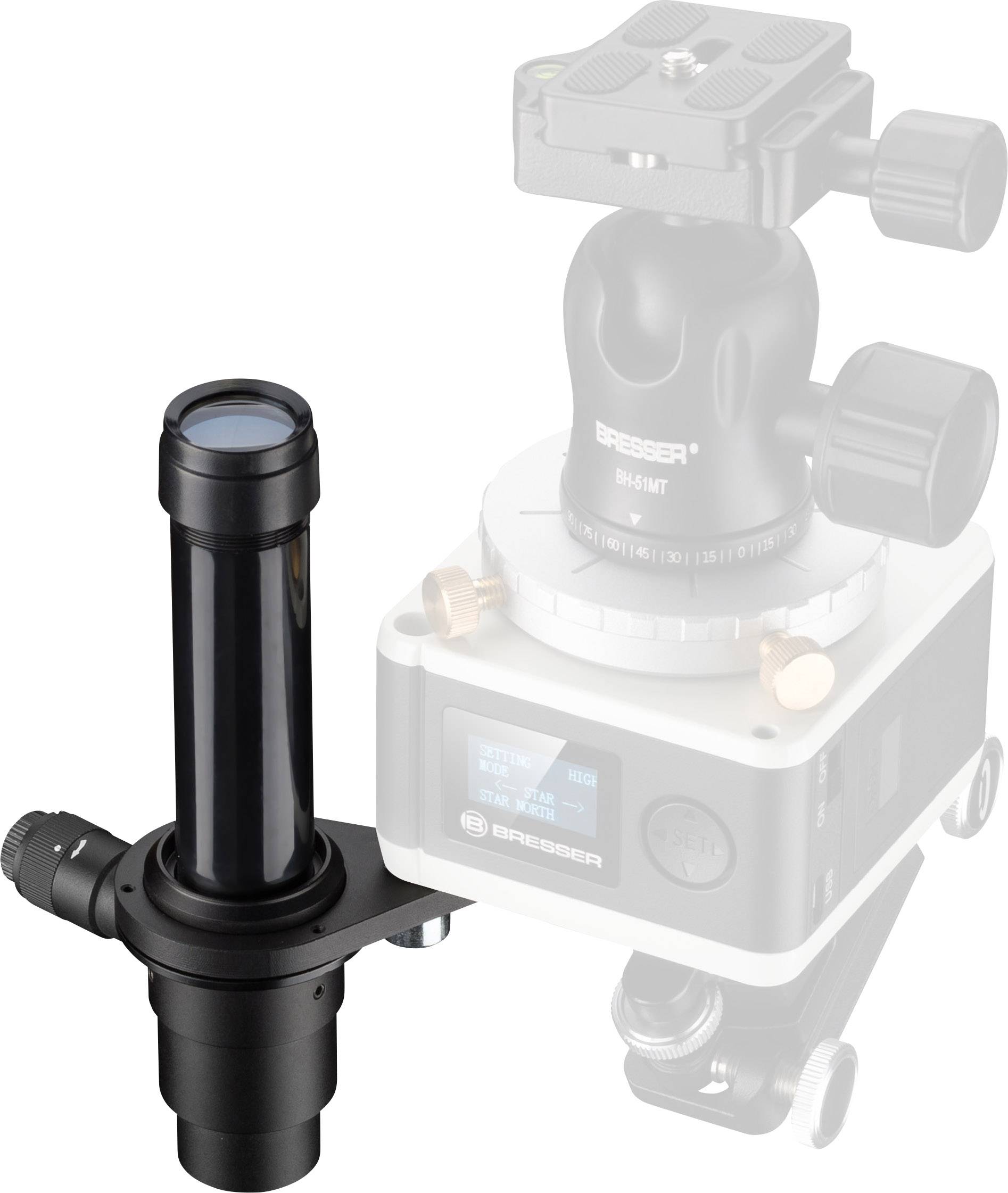 Ein schwarzes Teleskop-Sucherfernrohr steht vor einer unscharfen Halterung. Das Sucherfernrohr ist für präzise Ausrichtung gedacht.