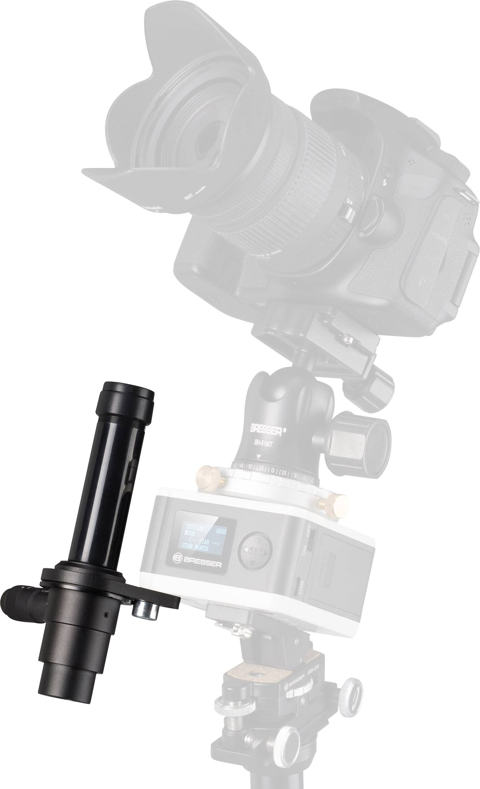 Ein DSLR-Kamera mit montierter Panoramakopf und einer zusätzlichen Linse für erweiterte Fotofunktionen.