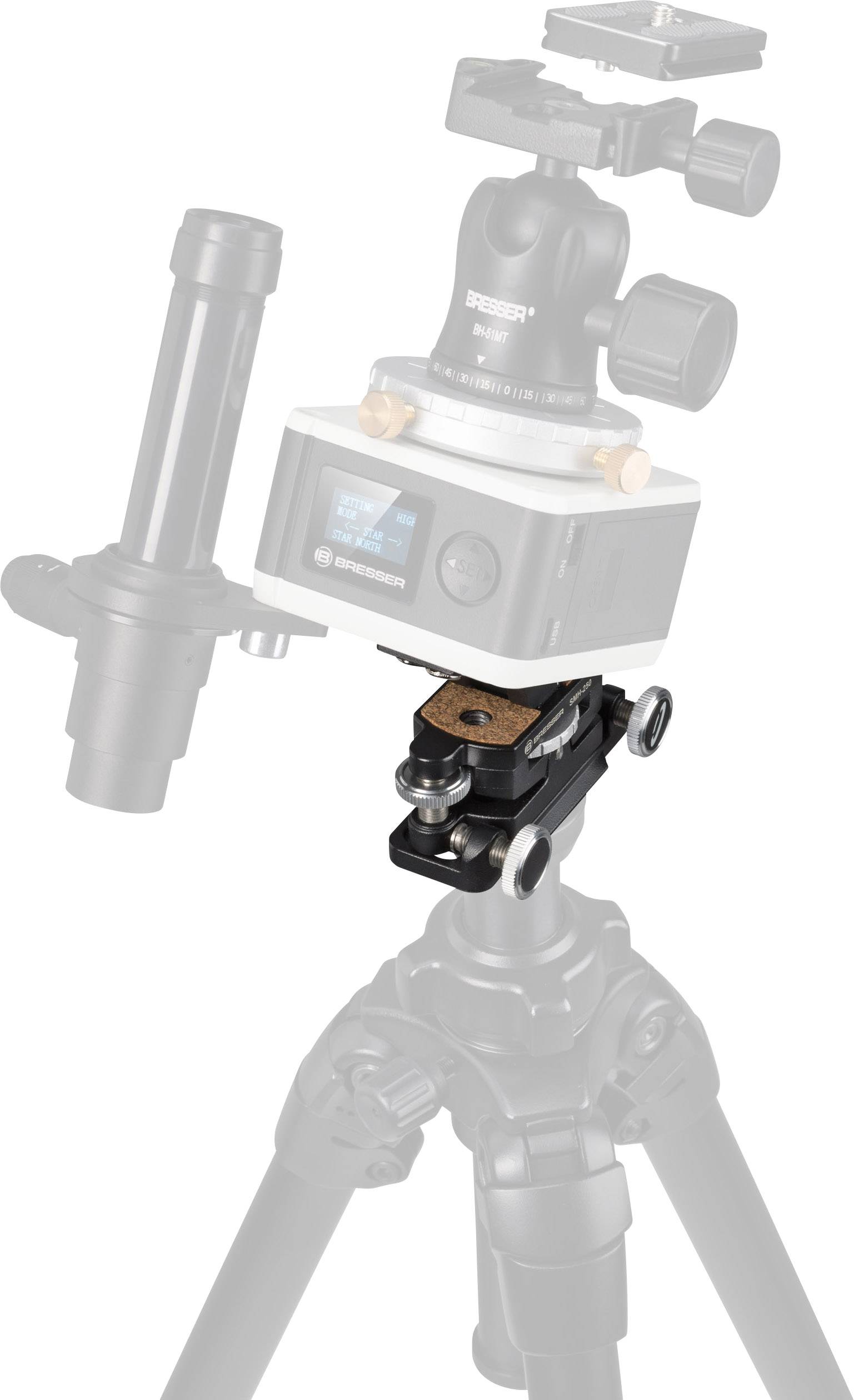 Dreibeinstativ mit Neigekopf und montierter Kamera, die gedreht und geneigt werden kann, geeignet für präzise Fotografieaufnahmen.