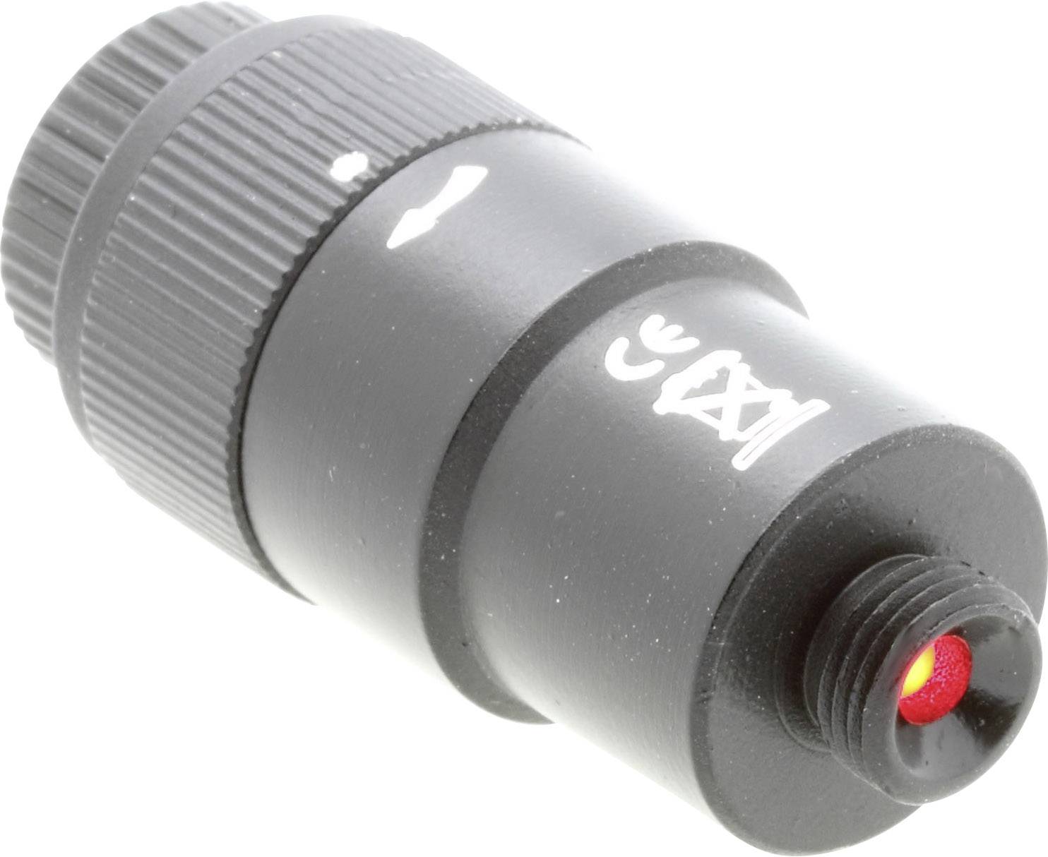 Ein kleiner, schwarzer Laserpointer mit rotem Licht, geeignet für Präsentationen oder technische Anwendungen.