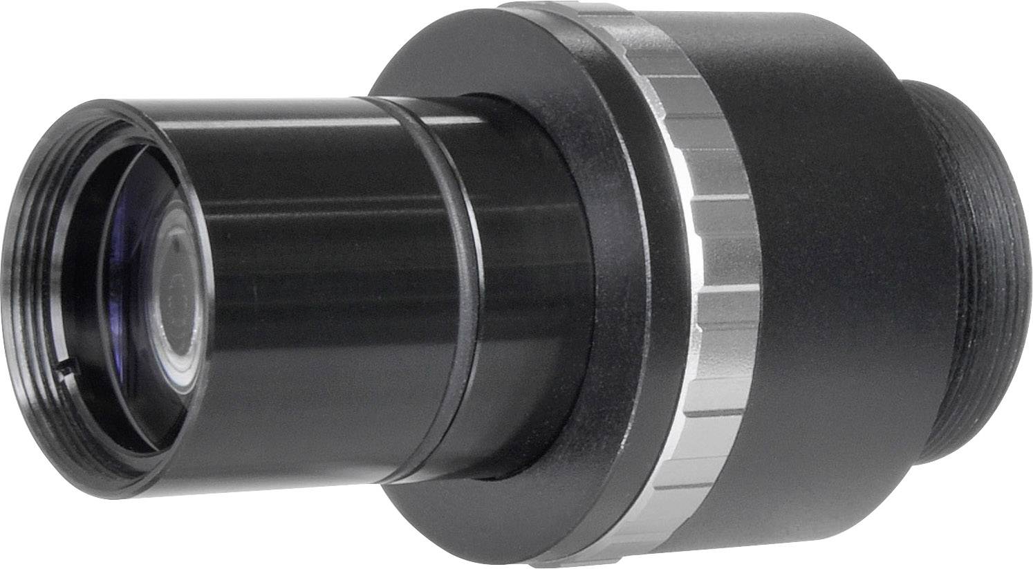 Schwarzes Kameraobjektiv mit silbernem Ring, geeignet für technische Anwendungen, auf weißem Hintergrund.