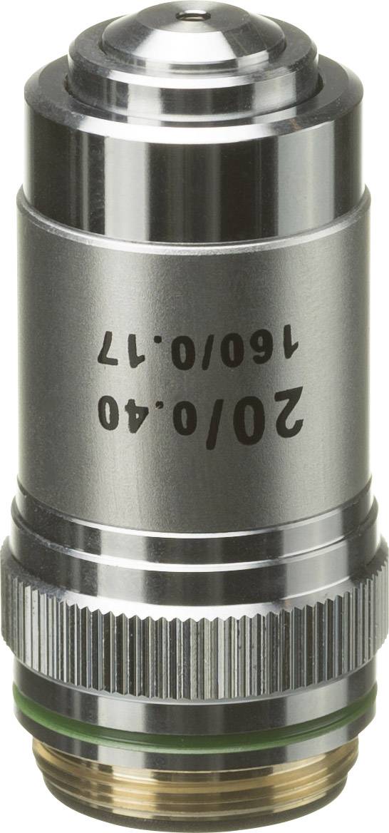 Mikroskopobjektiv mit der Beschriftung 20/0.40 160/0.17, silberne Metallfassung mit grüner und goldener Markierung.