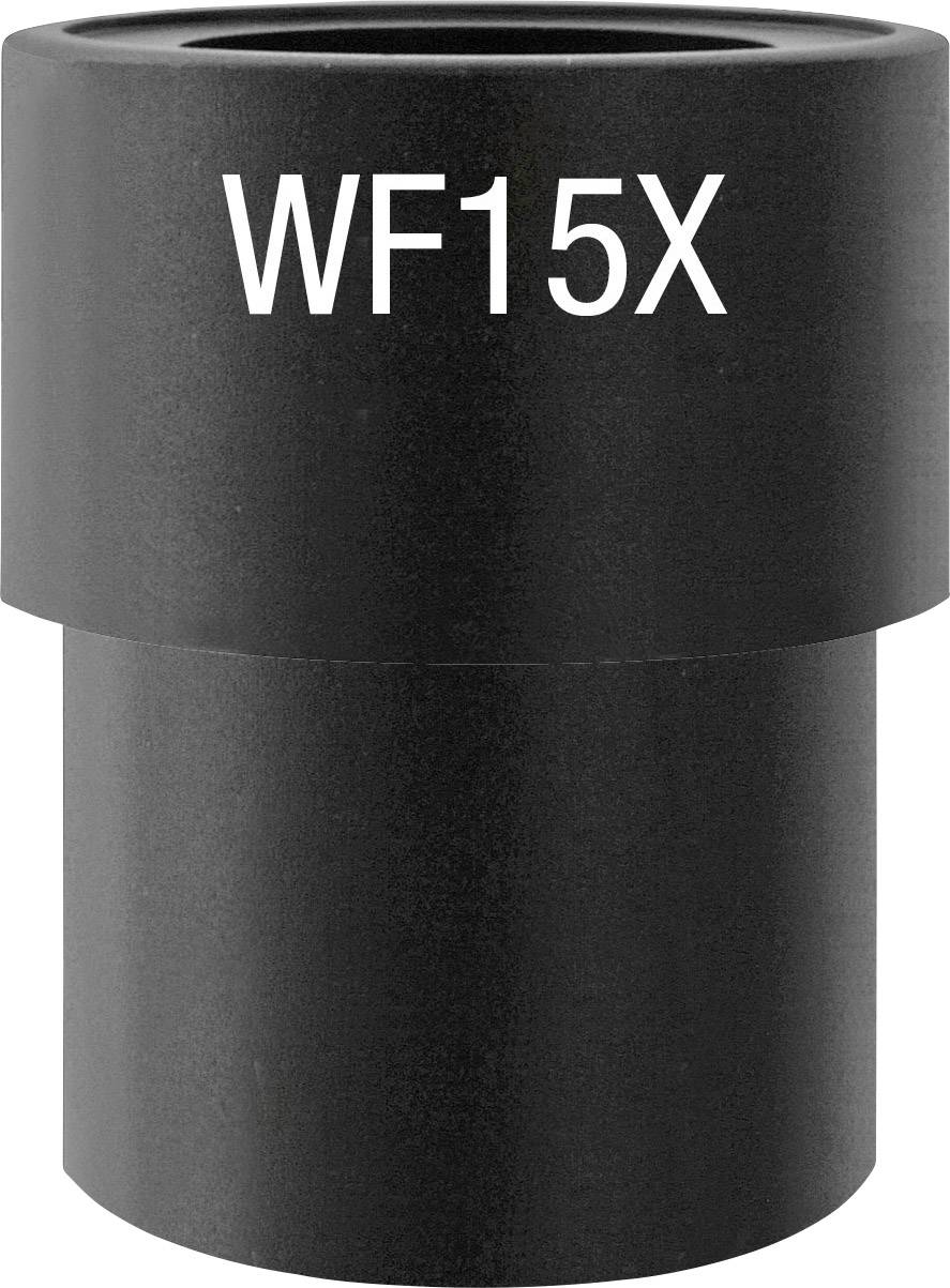 Schwarzes Okular mit der Beschriftung 'WF15X', wahrscheinlich für ein Mikroskop oder Teleskop, zur Vergrößerung von Objekten.