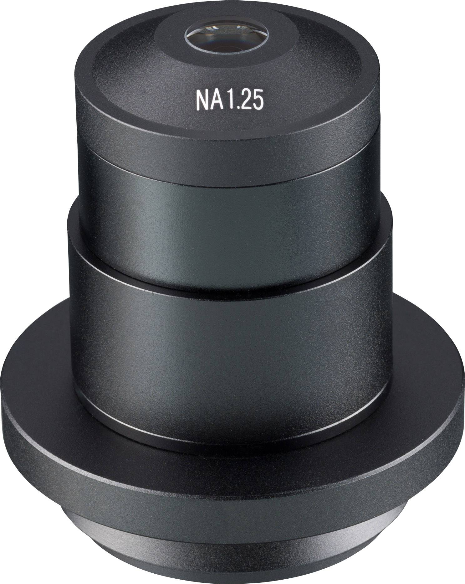 Ein schwarzes Mikroskop-Objektiv mit der Kennzeichnung 'NA 1.25', das Teil eines optischen Instruments zur Vergrößerung von Proben ist.