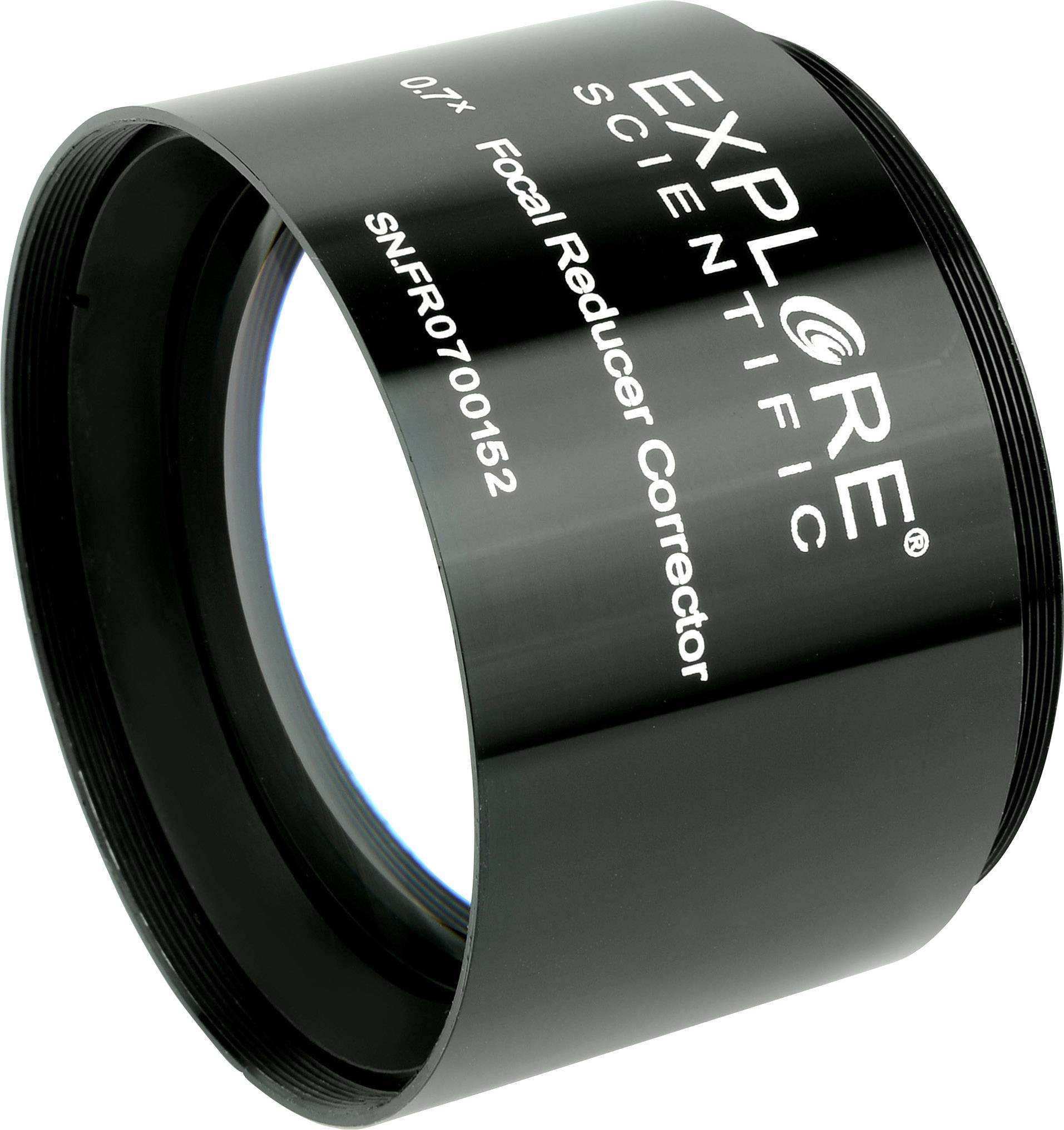 Schwarzer Explore Scientific Focal Reducer Corrector. Optisches Teleskopzubehör mit Schrift. Modellnummer SNFR0700152.