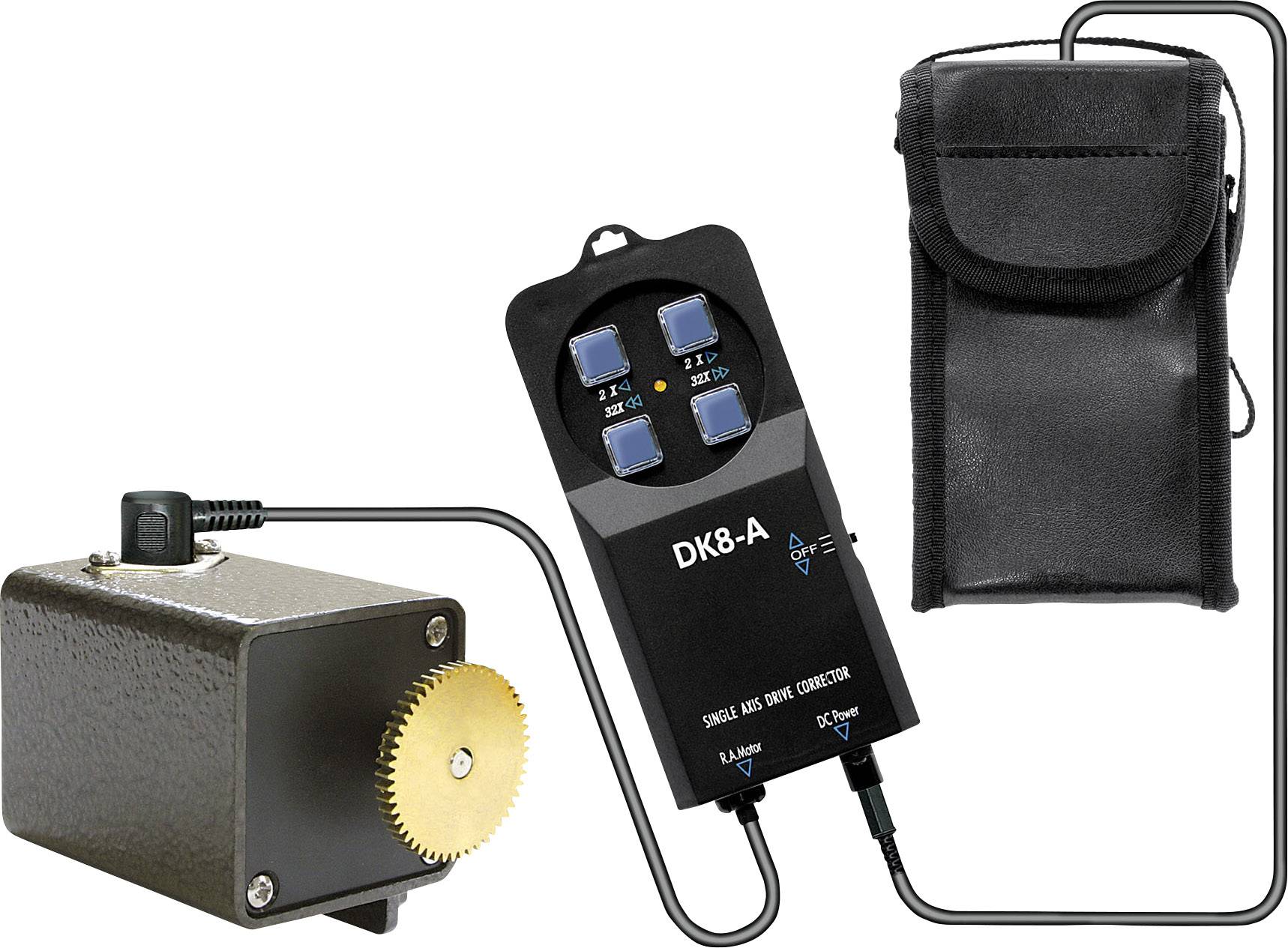 Handsteuergerät DK8-A mit Kabelverbindung zu einem kleinen Motor. Eine schwarze Tasche liegt daneben.