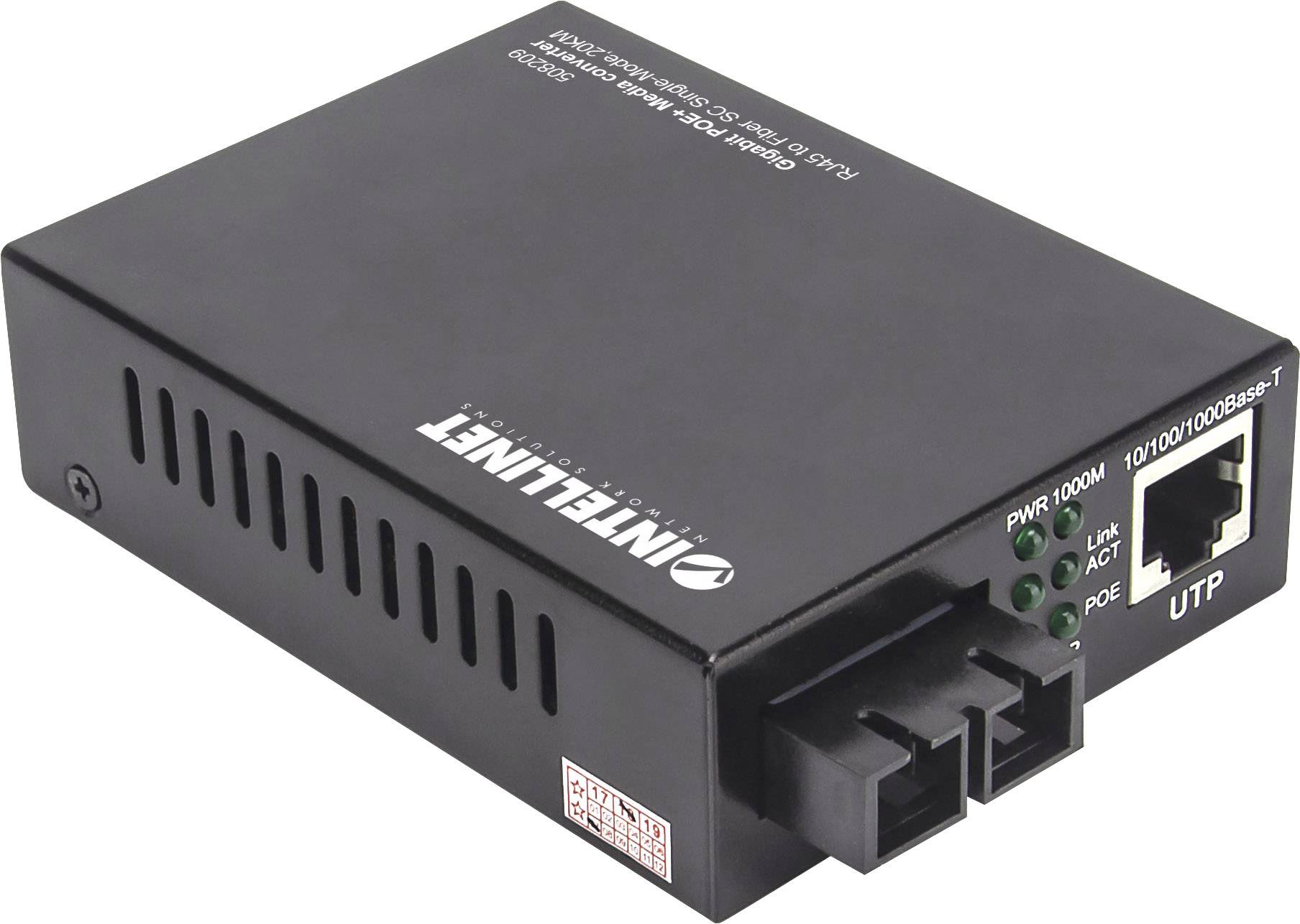 Ein schwarzer Netzwerk-Media-Konverter mit Ethernet- und Glasfaseranschlüssen. LED-Anzeigen zeigen Betriebsstatus an.