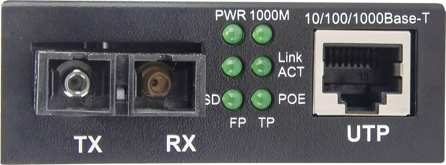 Netzwerkschnittstelle mit Lichtern: PWR, Link, ACT, SD, FP, TP. Anschlüsse für RX/TX und UTP bei 10/100/1000Base-T.