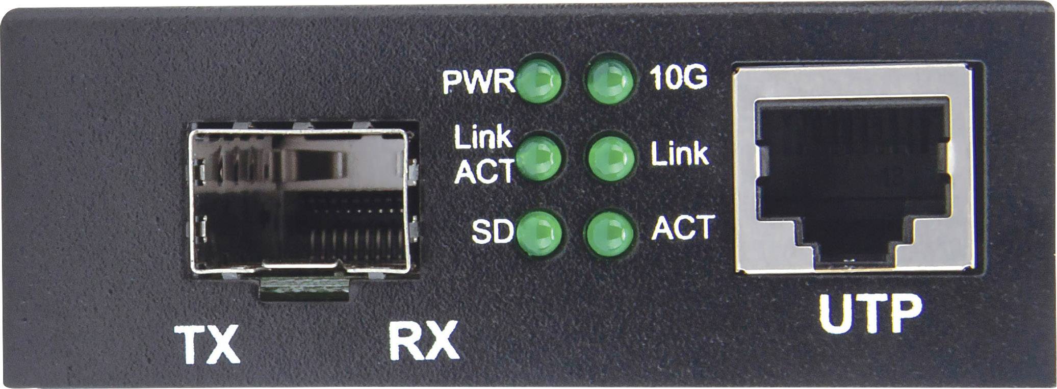 Auf einem Netzwerkgerät sind 'TX', 'RX', und 'UTP' Ports sowie Status-LEDs mit den Beschriftungen 'PWR', '10G', 'Link', 'ACT', und 'SD' zu sehen.