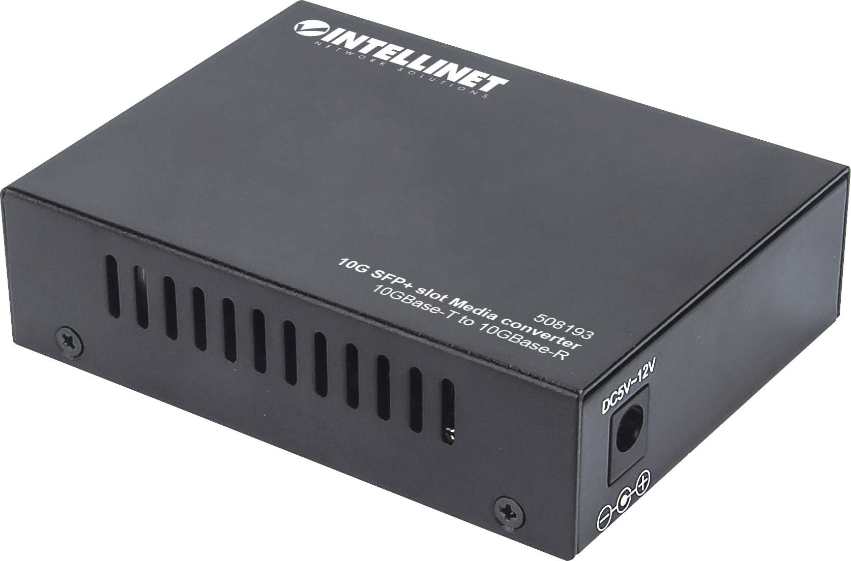 Schwarzer 10G SFP+ Medienkonverter mit Intellinet-Logo, geeignet für die Umwandlung von 10GBase-T zu 10GBase-R.