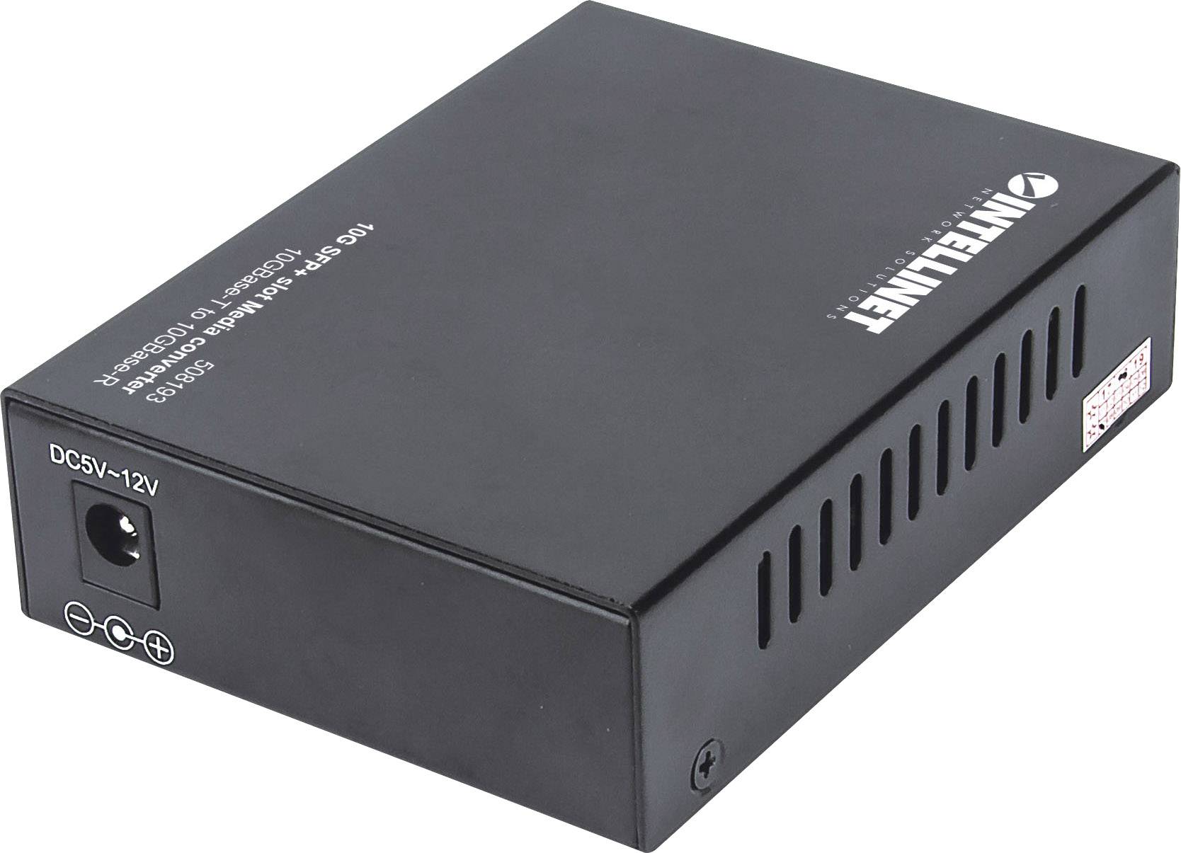 Schwarze Metallbox mit 'INTELLINET'-Logo, Anschlüsse für DC5V-12V. Gerät zur Netzwerk- oder Stromverteilung, kompakt gebaut.