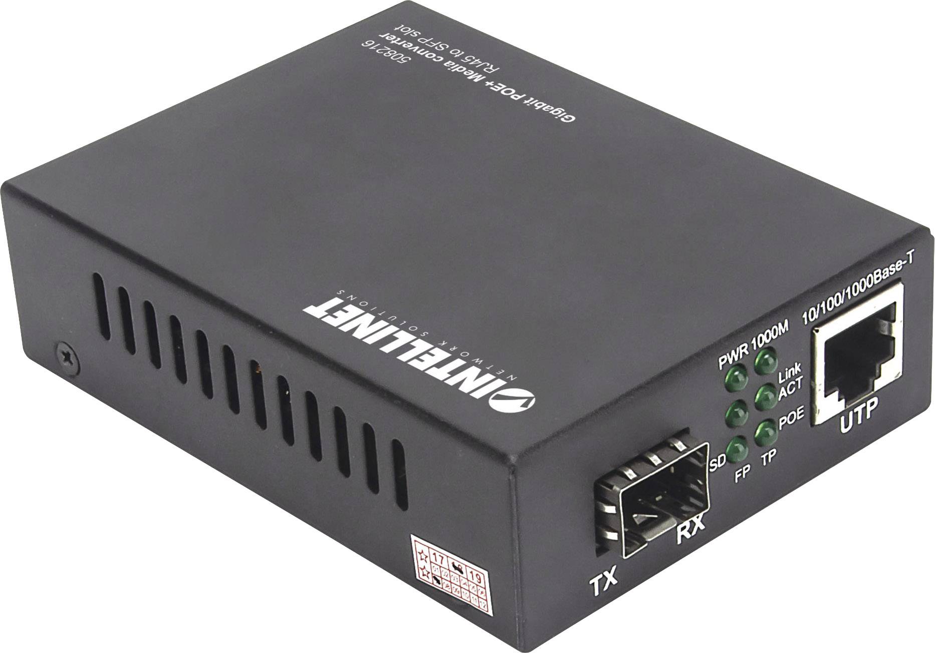 Ein schwarzer Medienkonverter mit Ethernet-Anschlüssen und LED-Anzeigen für Strom, Link/Act und PoE. Markierung 'INTELLINET'.