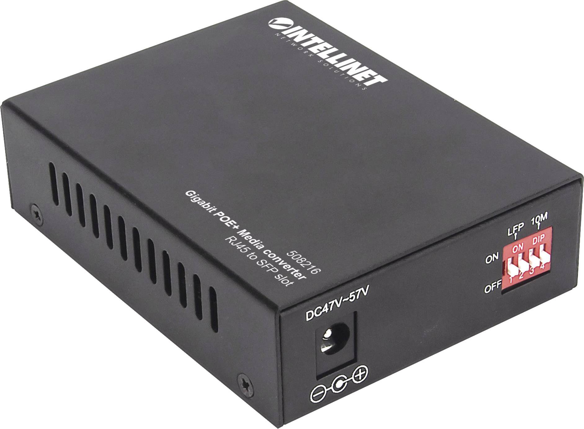 INTELLINET-Konverter, Modell 523616. Gigabit PoE+ Media. Eingänge für DC 47V-57V und RJ45/SM SFP Port. Schalter an der Seite.
