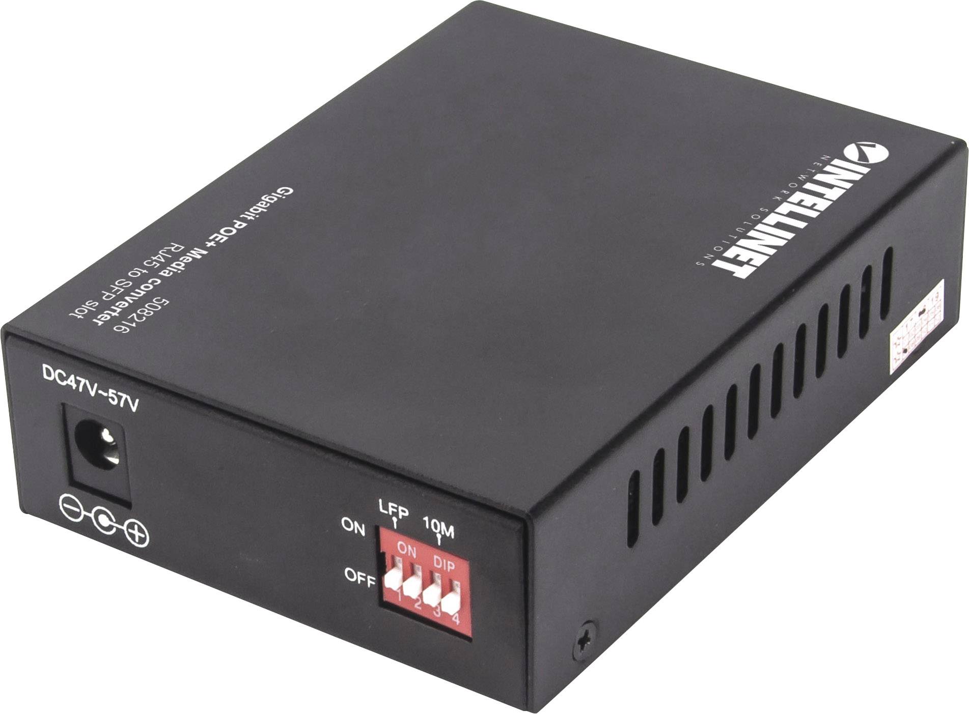 Schwarzer Mediekonverter mit Beschriftung und Anschlüssen; ermöglicht die Umwandlung von Glasfaser- zu Ethernet-Signalen.