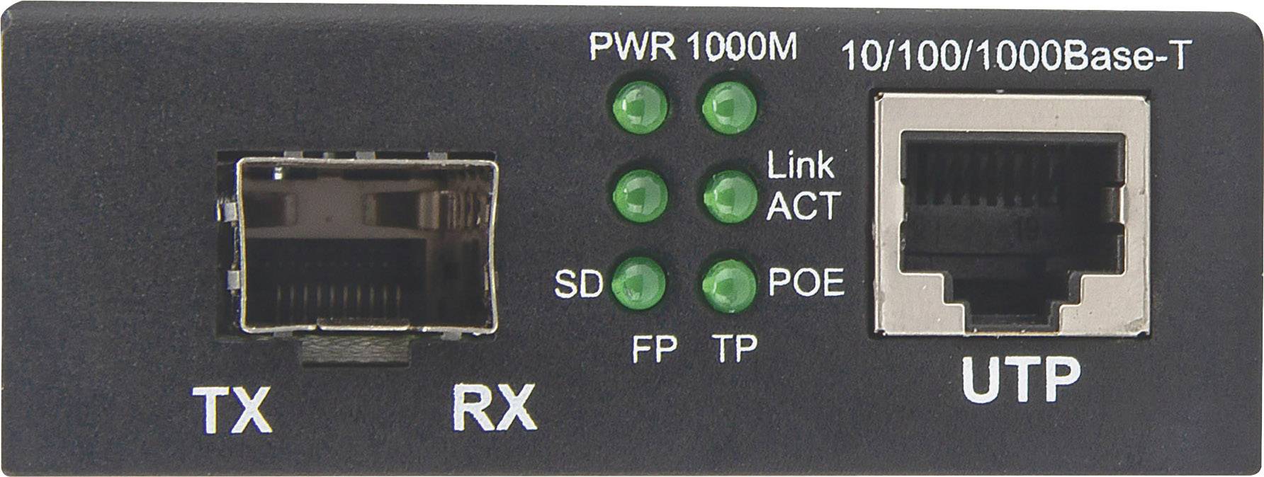 Netzwerkkonverter mit zwei Anschlüssen: Links SFP (TX, RX), rechts UTP (10/100/1000Base-T). LEDs zeigen PWR, Link, ACT, POE an.