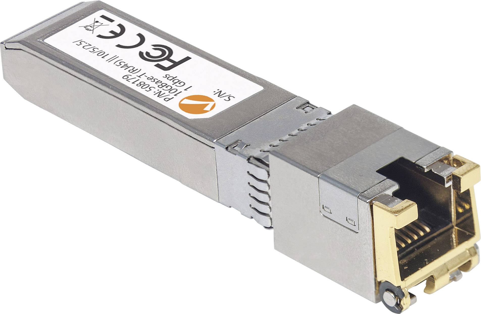 Ein metallisches SFP-Modul mit einem RJ45-Anschluss. Auf der Oberseite sind technische Spezifikationen und Prüfzeichen abgebildet.