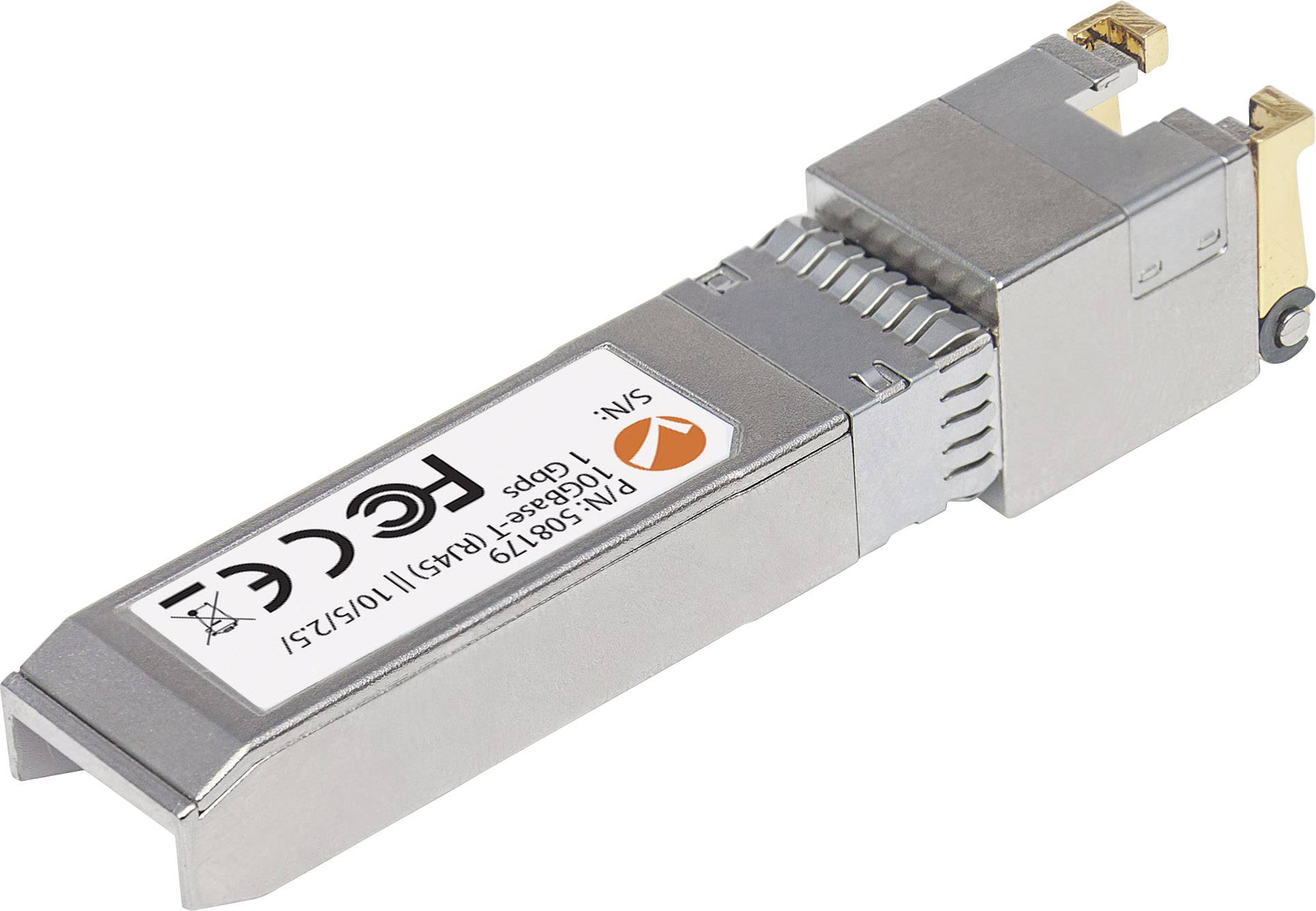 Ein metallischer SFP+-Transceiver mit CE-Kennzeichnung. Er dient zur Datenübertragung über optische oder kupferbasierte Netzwerke.