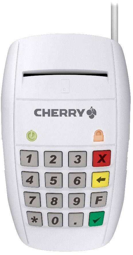 Ein weißes Kartenlesegerät mit zwölf Tasten in vier Reihen. Oben ist das Logo 'CHERRY'. Rechts eine rote und eine grüne Taste.