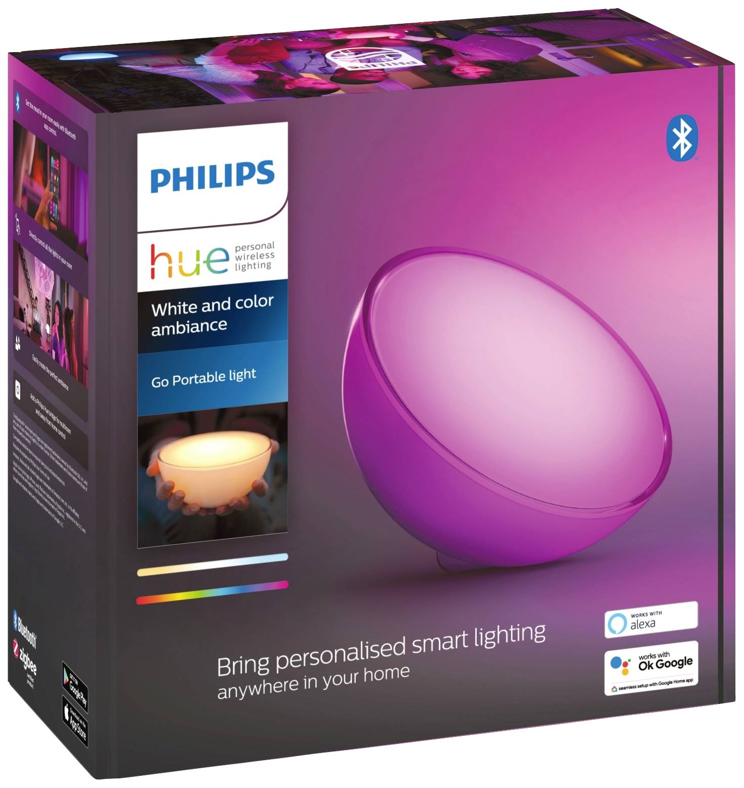 Eine Verpackung für eine tragbare Philips Hue Lampe, die sowohl weiße als auch farbige Beleuchtung ermöglicht. Kompatibel mit Alexa und Google Assistant.