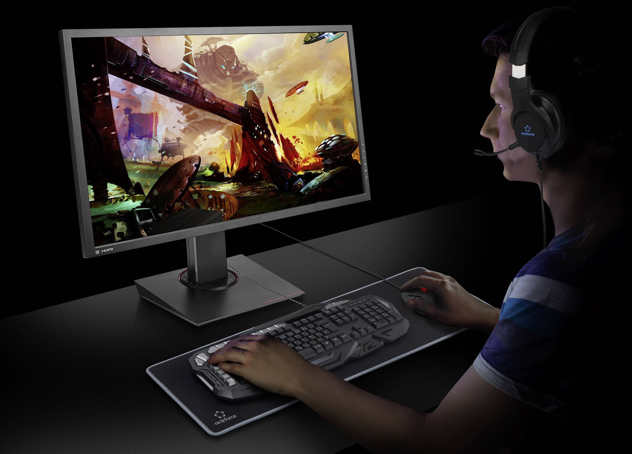 Renkforce Gaming Over Ear Headset kabelgebunden 7.1 Surround Schwarz Mikrofon-Stummschaltung, Lautstärkeregelung