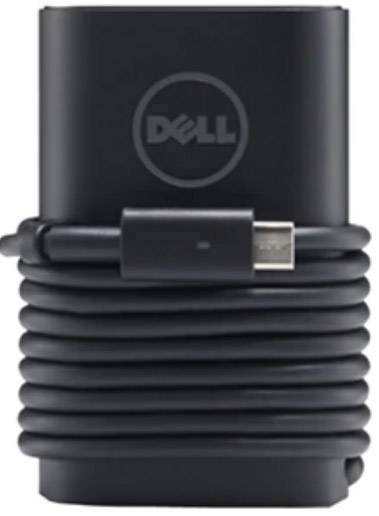 Ein schwarzes Netzteil von Dell mit aufgerolltem Kabel und einem USB-C-Anschluss, geeignet für Laptops oder ähnliche Geräte.