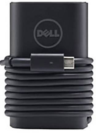 Ein schwarzes Dell-Laptop-Ladegerät mit einem aufgewickelten Kabel und dem Dell-Logo auf der Oberseite.