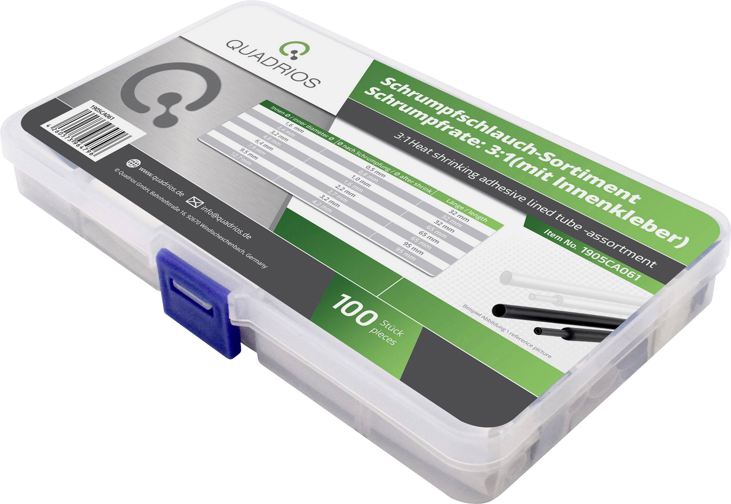Plastikbox mit blauem Verschluss, enthält 100 teiliges Schrumpfschlauch-Sortiment. Vorderseite zeigt Produktinfos und Größenangaben.