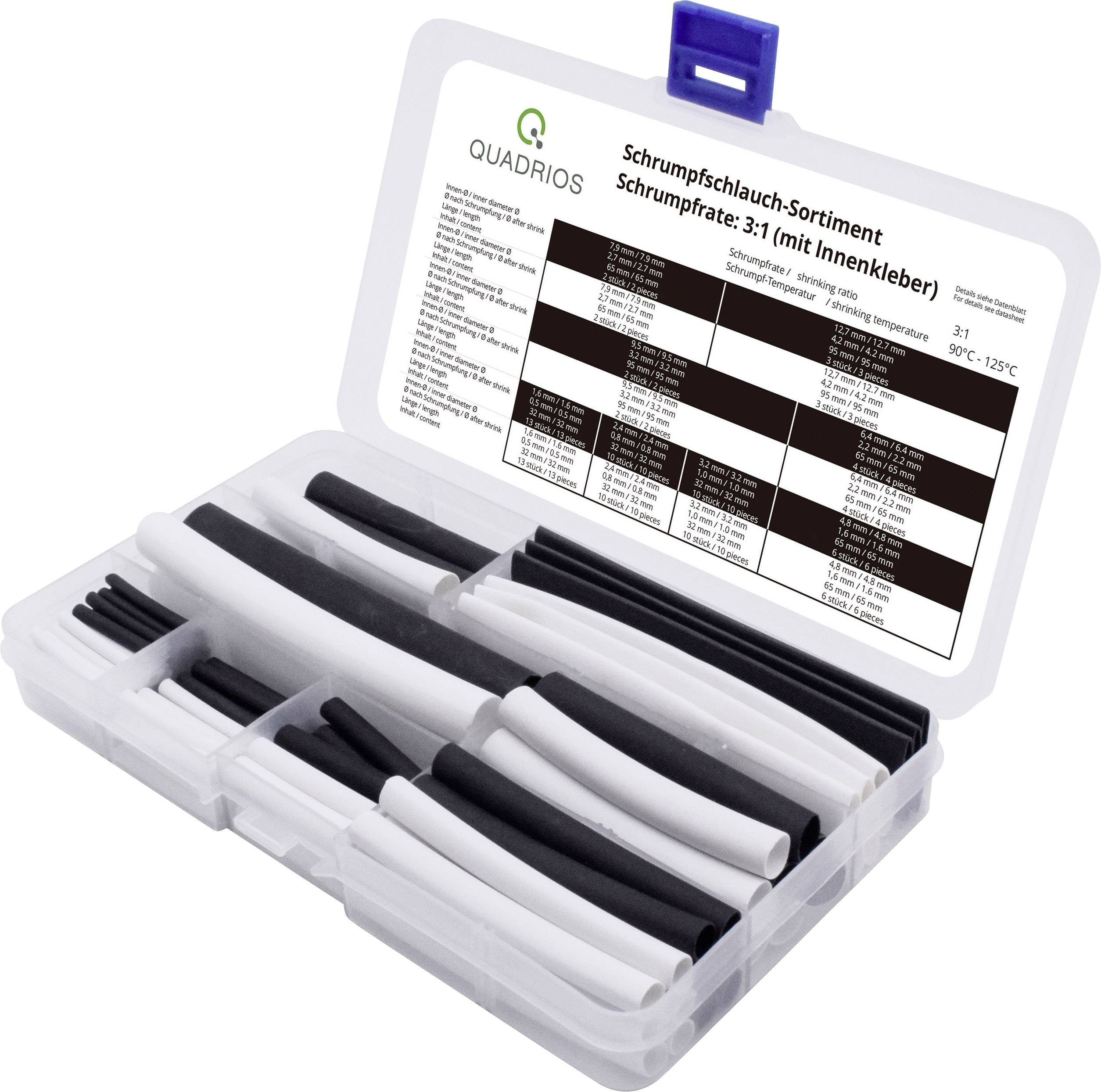 Geöffnete Plastikbox mit Schrumpfschläuchen in Schwarz und Weiß, gekennzeichnet mit einem Etikett, das Größen und Anwendungsdetails listet.
