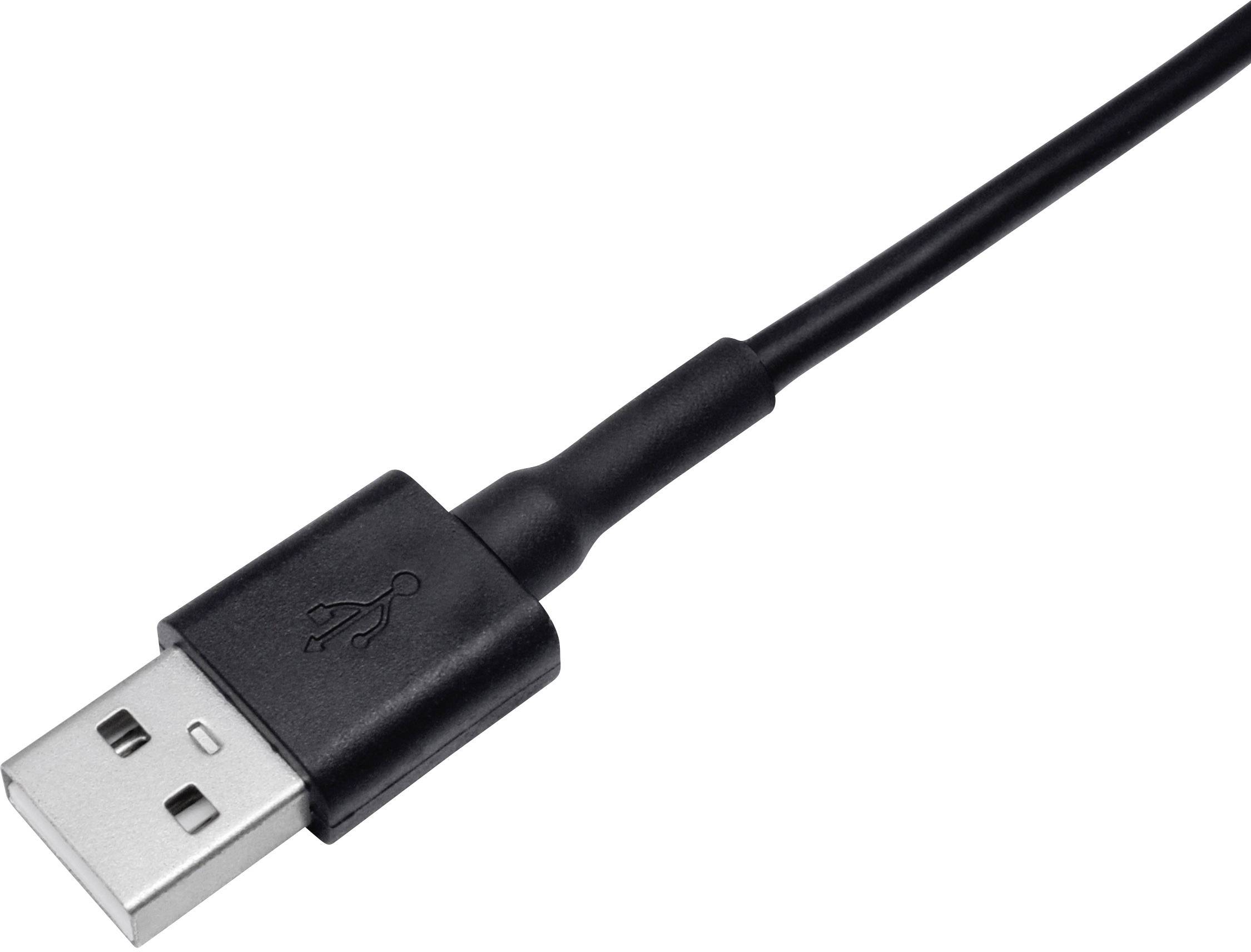 Ein schwarzes USB-Kabel mit einem Rechteck-Stecker auf weißem Hintergrund.