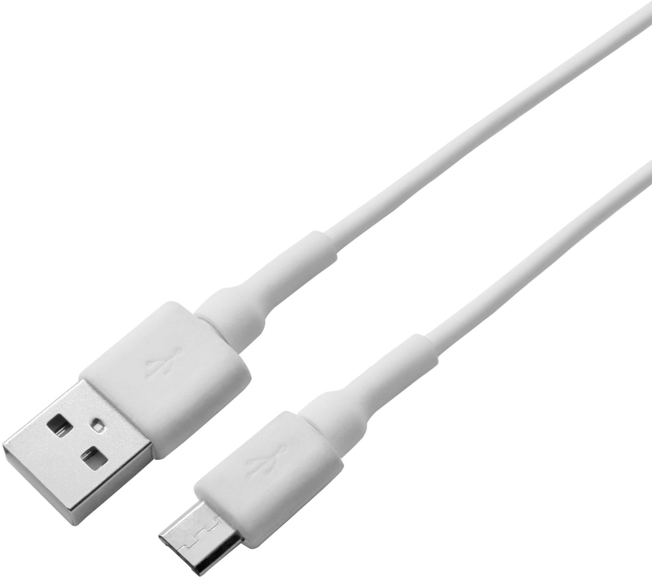 Ein weißes USB-Kabel mit einem USB-A-Stecker auf der einen Seite und einem Micro-USB-Stecker auf der anderen.