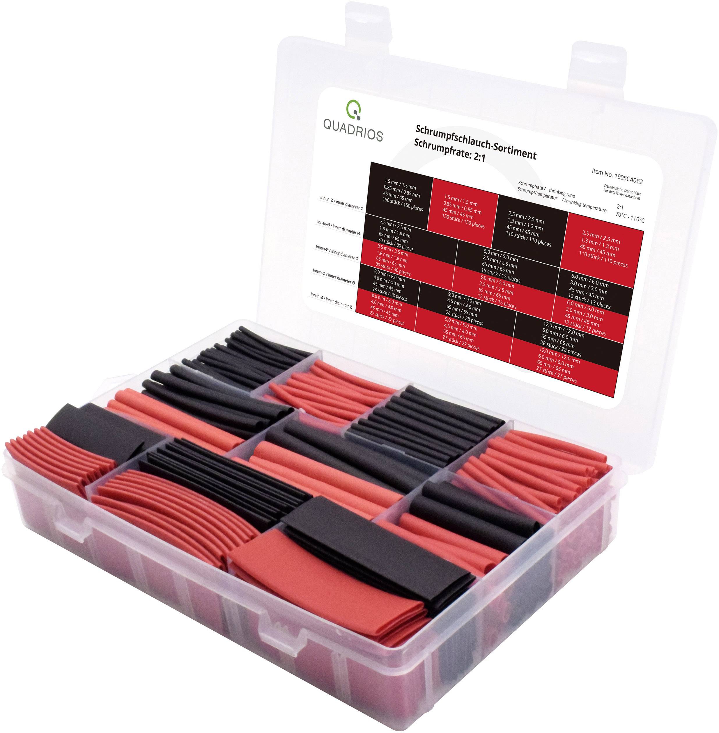 Eine transparente Box mit verschiedenen Schrumpfschläuchen in Rot und Schwarz, sortiert in Fächer. Ein Etikett zeigt detaillierte Größeninformationen.