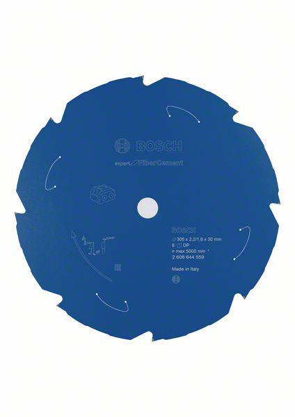 Kreissägeblatt mit blauer Beschichtung, Markenbeschriftung, technischer Spezifikation 'Expert-Fiber Cement' und Herstellungsort 'Made in Italy'.