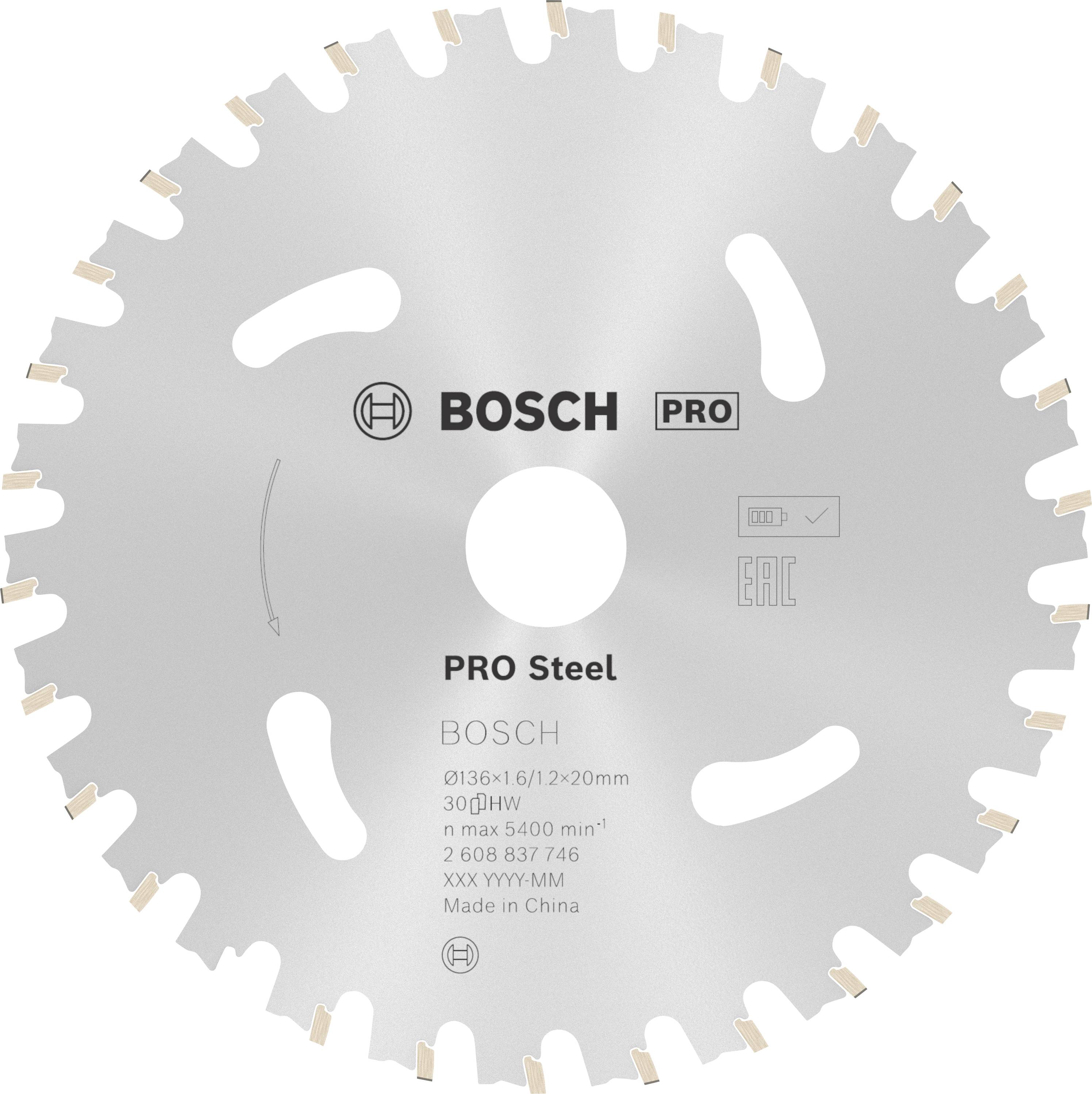 Eine silberne Bosch PRO Steel Kreissägeblatt mit 30 Zähnen, geeignet für Metallschnitte, Durchmesser 215 mm, Bohrung 20 mm.