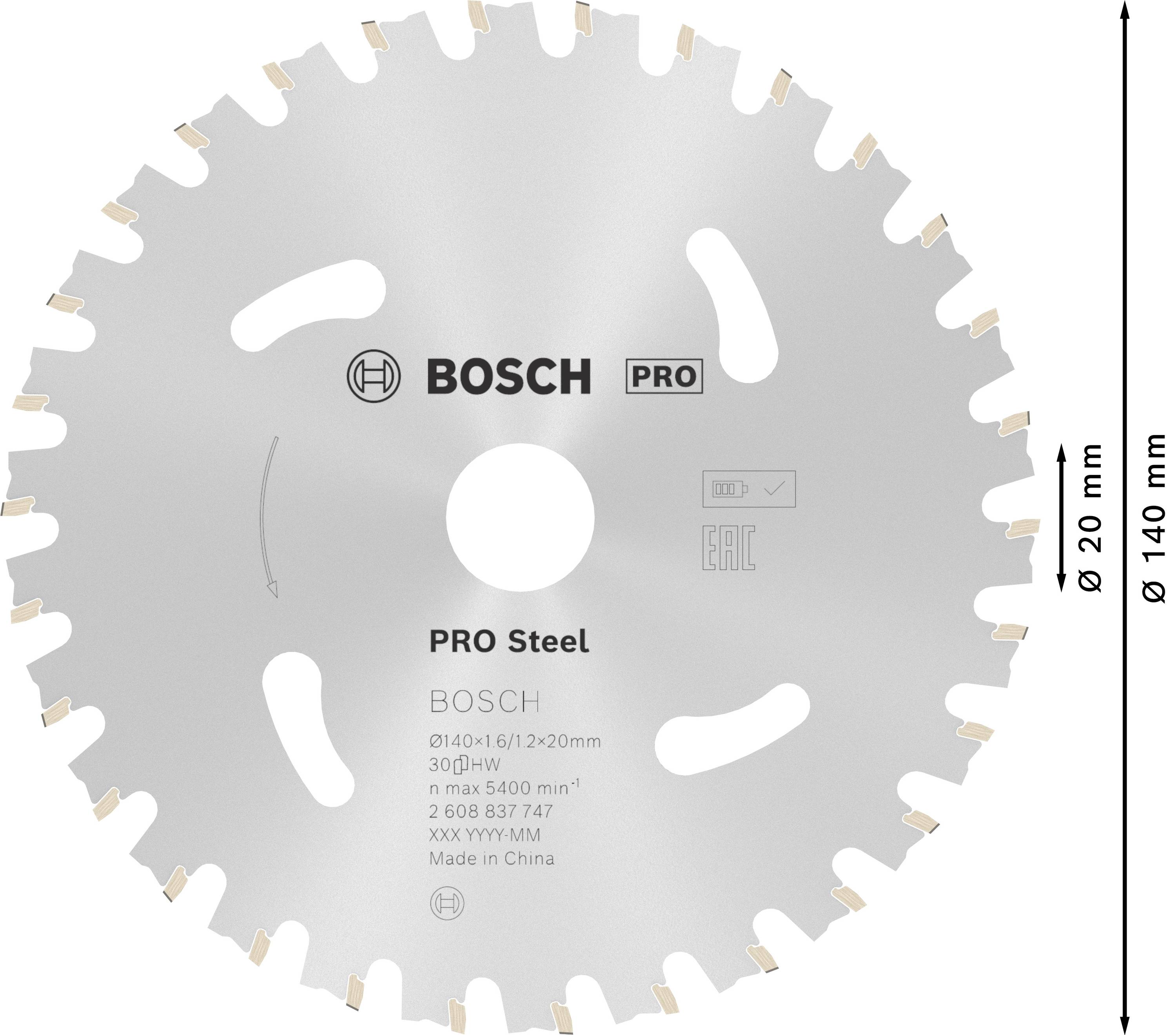 Kreissägeblatt von Bosch mit der Aufschrift 'PRO Steel', Durchmesser 140 mm, Bohrung 20 mm, geeignet für Stahl, hergestellt in China.