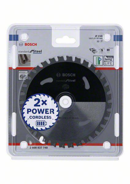 Verpackung einer Bosch Kreissägeblatt für Stahl, '2x Power Cordless'. Details zur Größe: Ø150 mm, 32 Zähne, lange Lebensdauer.