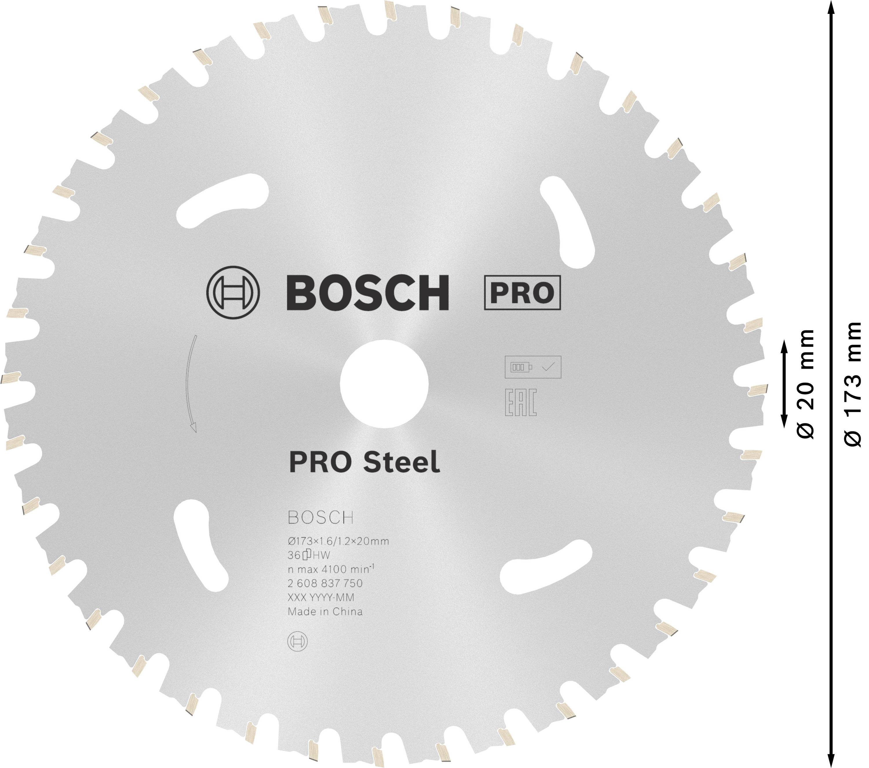'Bosch PRO Steel' Kreissägeblatt, Außendurchmesser 173 mm, Innendurchmesser 20 mm, 30 Zähne, geeignet für Stahlbearbeitung.