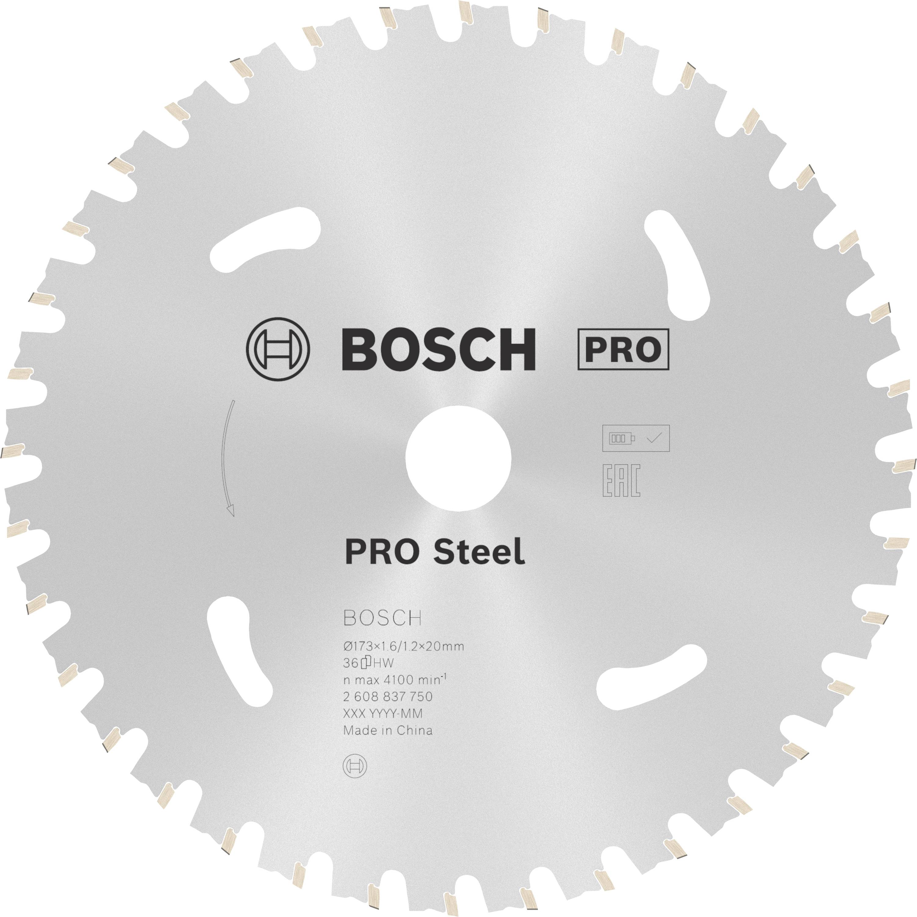 Eine runde Metallsägeblatt mit der Aufschrift 'BOSCH PRO Steel'. Geeignet für das Schneiden von Stahl, Durchmesserangabe 230 mm.