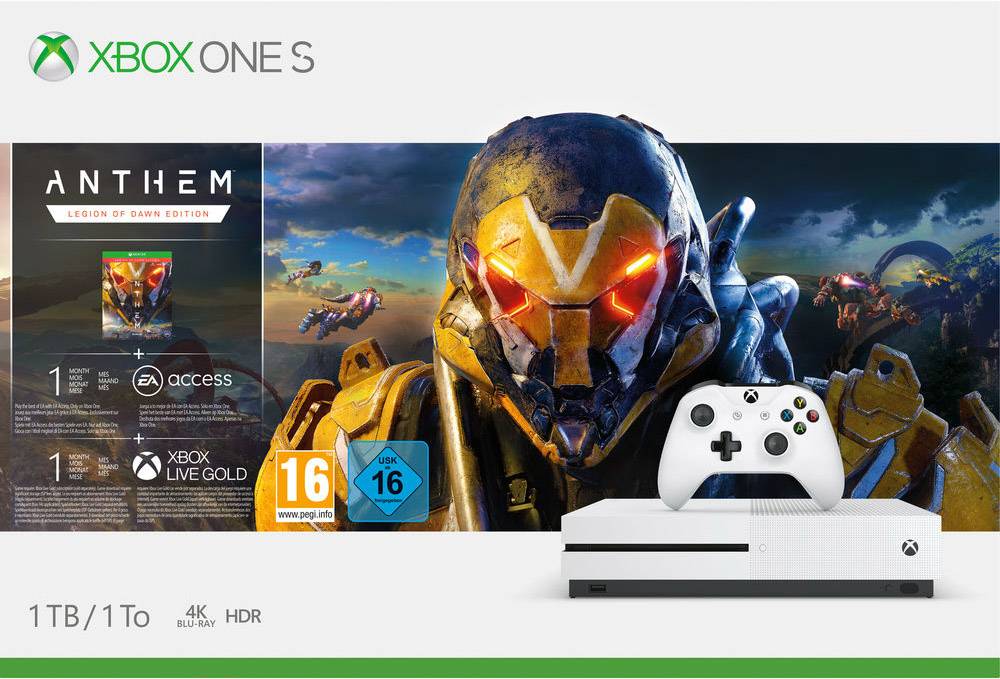 Microsoft Xbox One S 1TB Weiß Anthem: Legion of Dawn Edition (digitale Vollversion), 1 Monat Xbox Live Gold (Probemitgliedschaft)
