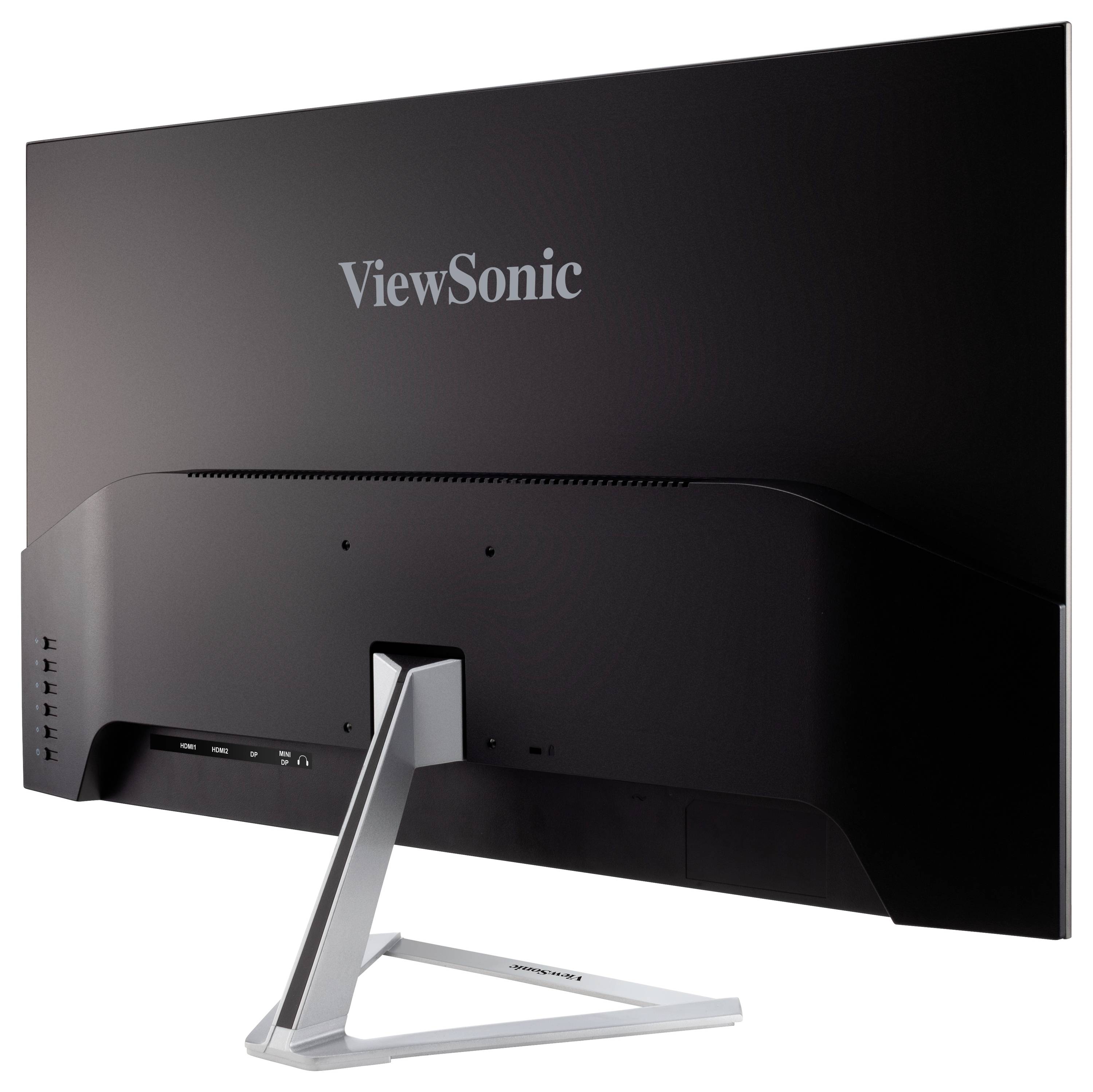 ViewSonic Monitor von hinten, schwarze Oberfläche, schlanker Standfuß, mehrere Anschlüsse auf der linken Seite.