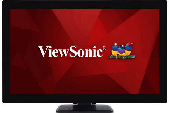 Ein Bildschirm mit rotem Hintergrund zeigt das 'ViewSonic'-Logo, begleitet von drei bunten Vögeln.